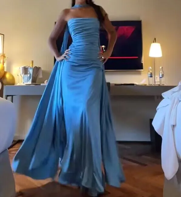 JazzHer Elegant Sheath Strapless Blue Satin Prom Dresses With Ribbon Long Slit Evening Dress (PRE-ORDER)