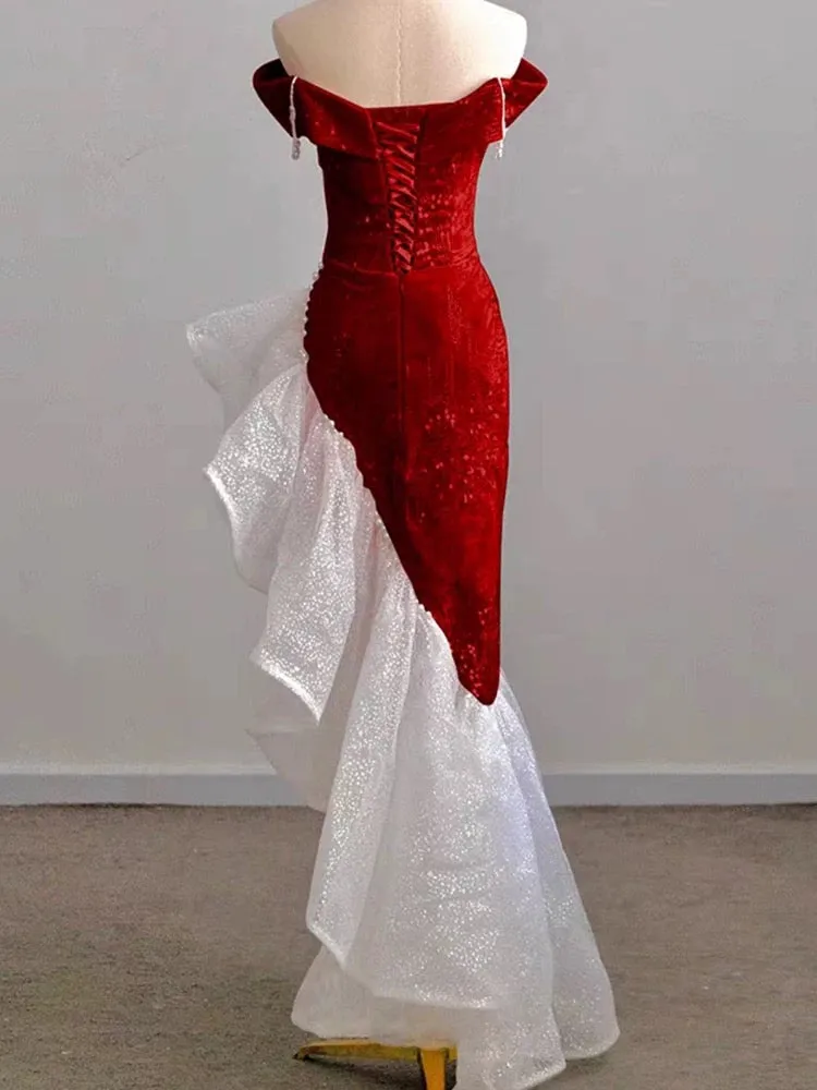 JazzHer Gorgeous Sheath Off The Shoulder Sequin Red Evening Dress Prom Dresses Birthday Outfits (PRE-ORDER)