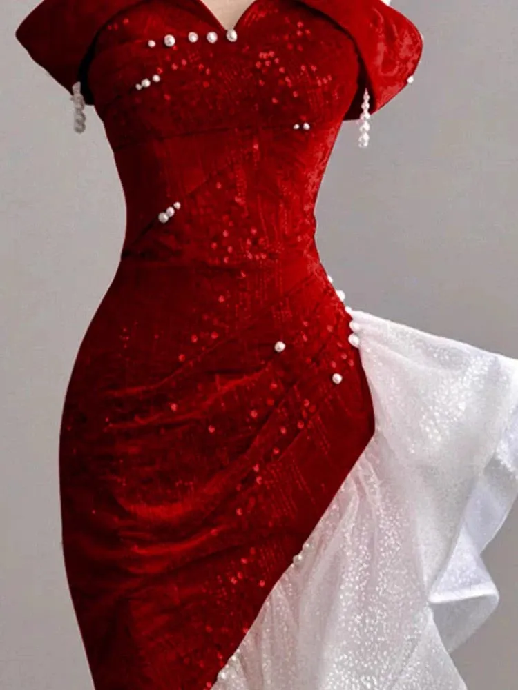 JazzHer Gorgeous Sheath Off The Shoulder Sequin Red Evening Dress Prom Dresses Birthday Outfits (PRE-ORDER)