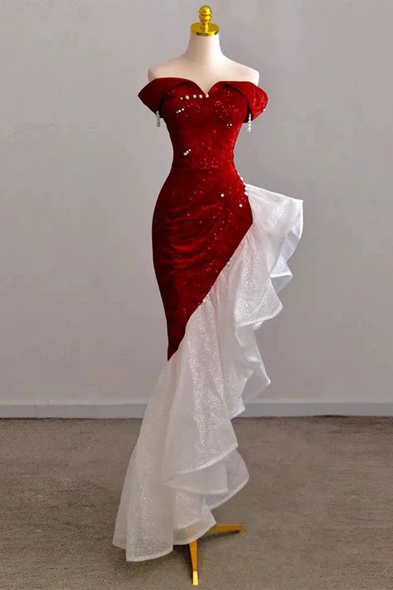 JazzHer Gorgeous Sheath Off The Shoulder Sequin Red Evening Dress Prom Dresses Birthday Outfits (PRE-ORDER)