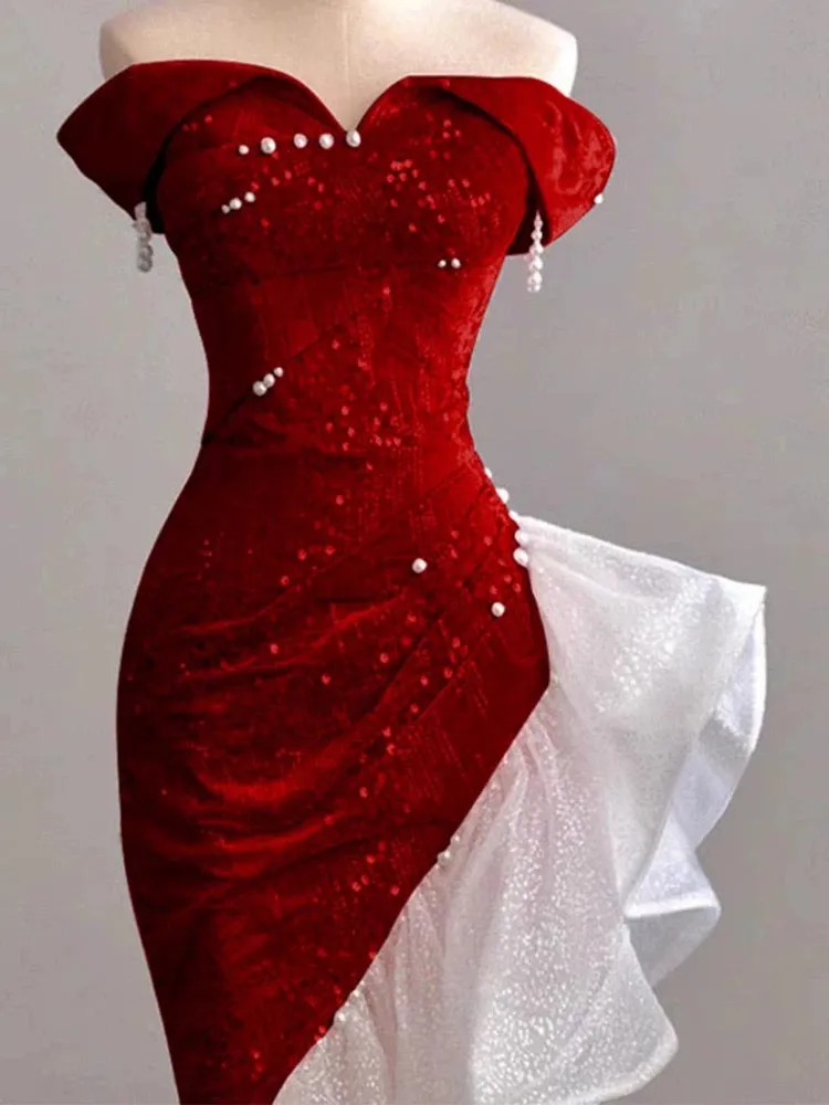 JazzHer Gorgeous Sheath Off The Shoulder Sequin Red Evening Dress Prom Dresses Birthday Outfits (PRE-ORDER)