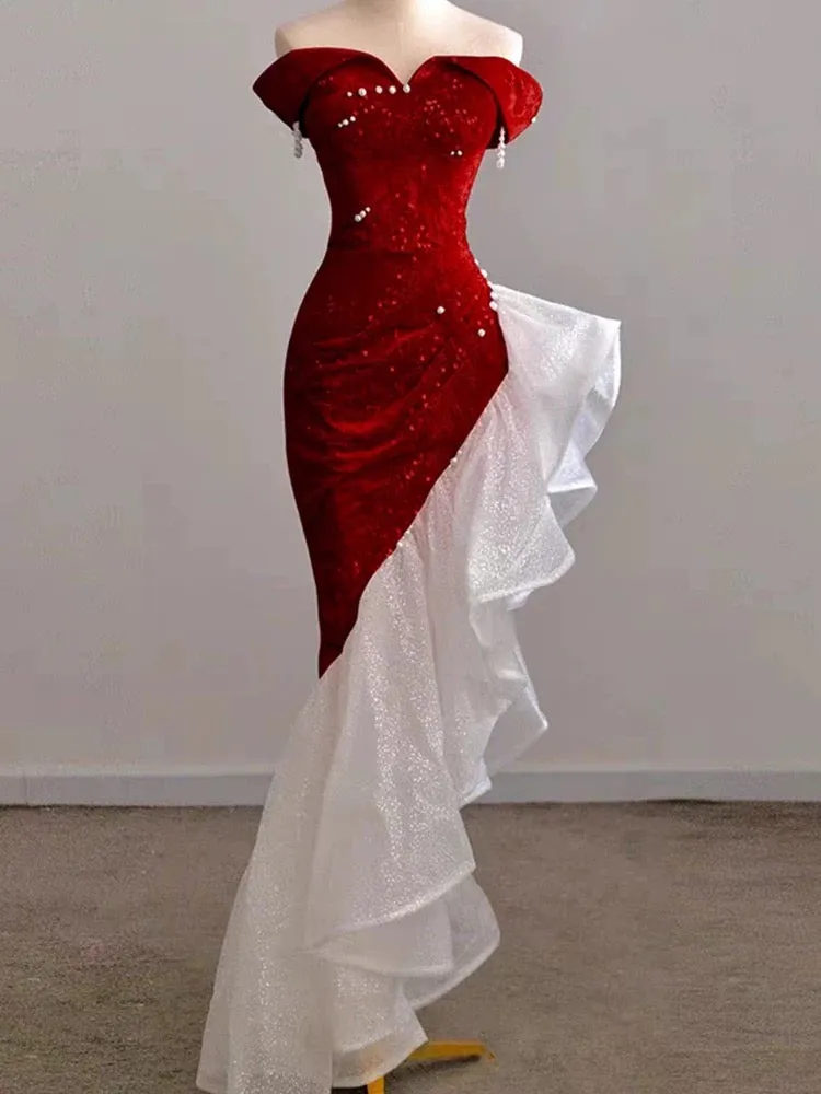 JazzHer Gorgeous Sheath Off The Shoulder Sequin Red Evening Dress Prom Dresses Birthday Outfits (PRE-ORDER)