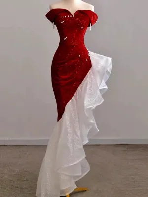 JazzHer Gorgeous Sheath Off The Shoulder Sequin Red Evening Dress Prom Dresses Birthday Outfits (PRE-ORDER)