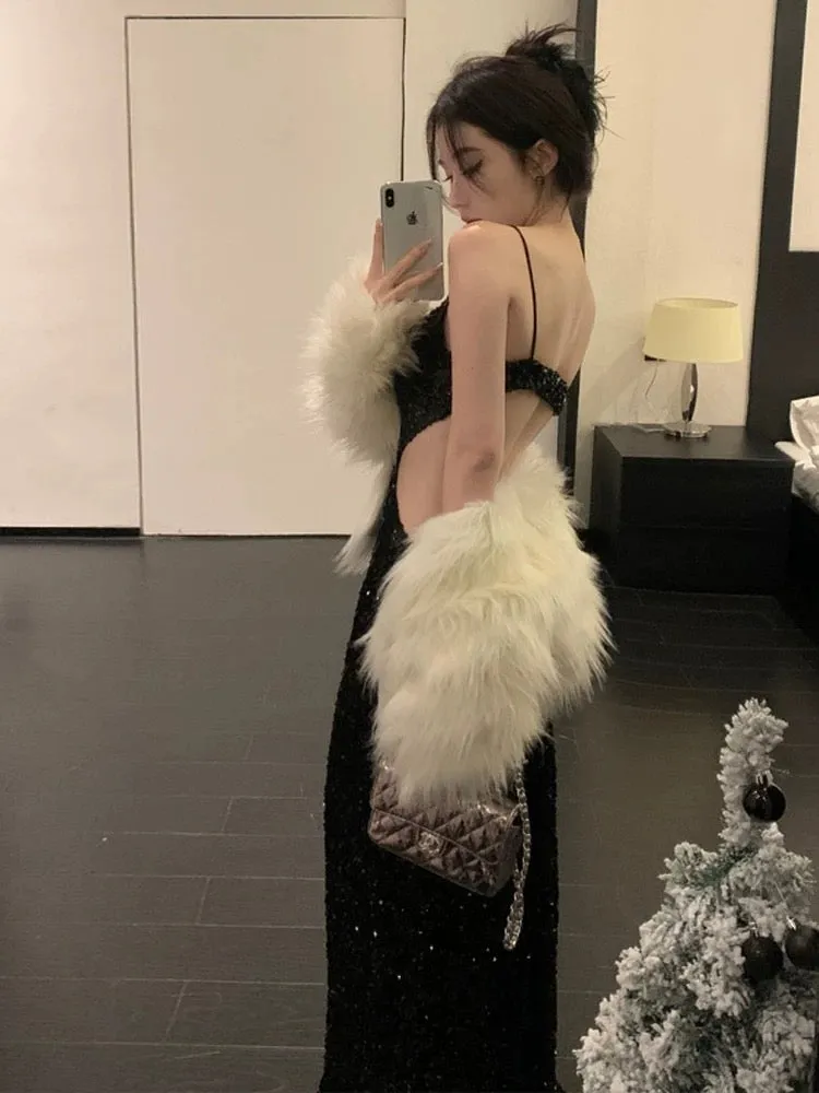 JazzHer Gorgeous Sheath Spaghetti Straps Black Sequin Evening Dress Prom Dresses Birthday Outfits (PRE-ORDER)