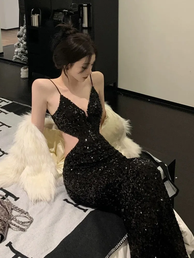 JazzHer Gorgeous Sheath Spaghetti Straps Black Sequin Evening Dress Prom Dresses Birthday Outfits (PRE-ORDER)