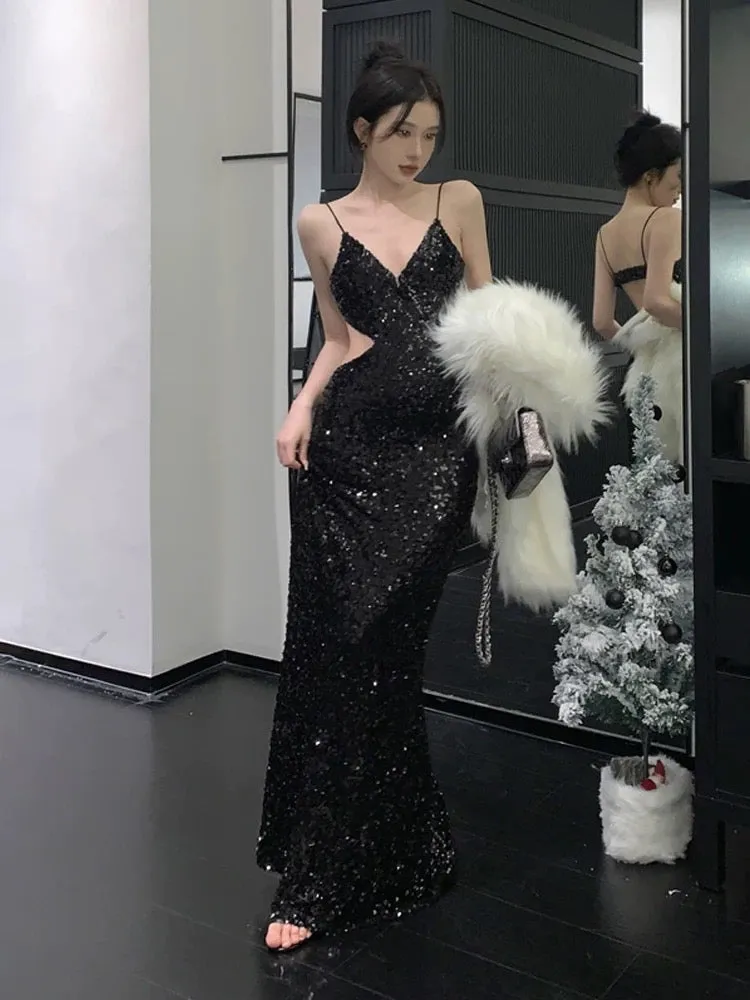 JazzHer Gorgeous Sheath Spaghetti Straps Black Sequin Evening Dress Prom Dresses Birthday Outfits (PRE-ORDER)