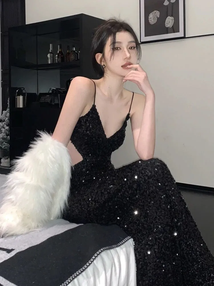 JazzHer Gorgeous Sheath Spaghetti Straps Black Sequin Evening Dress Prom Dresses Birthday Outfits (PRE-ORDER)