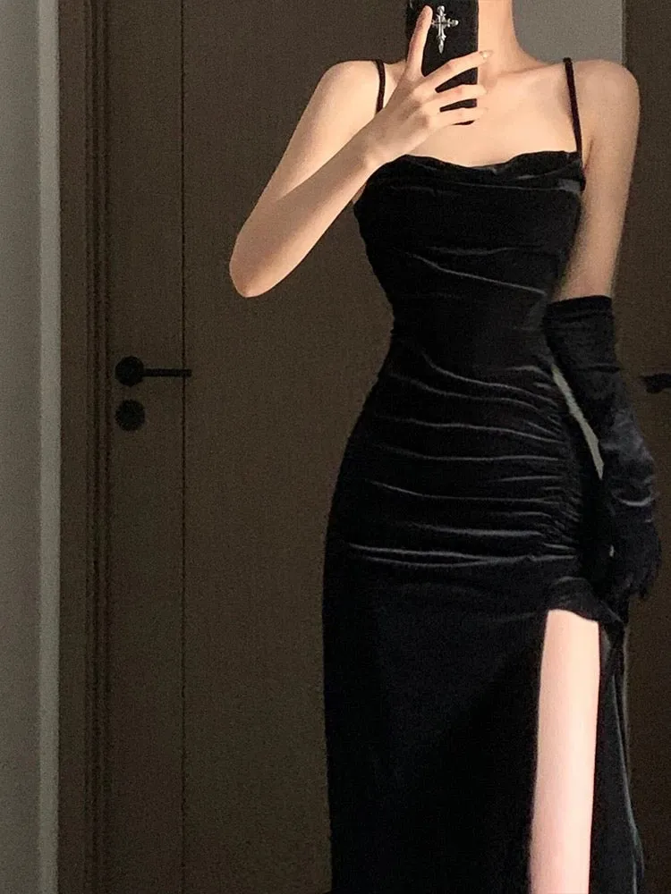JazzHer Gorgeous Sheath Spaghetti Straps Black Velvet Evening Dress Prom Dresses Birthday Outfits (PRE-ORDER)