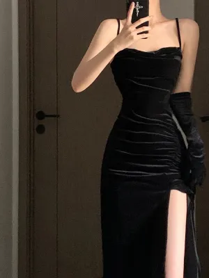 JazzHer Gorgeous Sheath Spaghetti Straps Black Velvet Evening Dress Prom Dresses Birthday Outfits (PRE-ORDER)