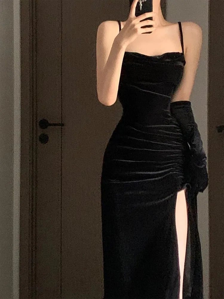 JazzHer Gorgeous Sheath Spaghetti Straps Black Velvet Evening Dress Prom Dresses Birthday Outfits (PRE-ORDER)