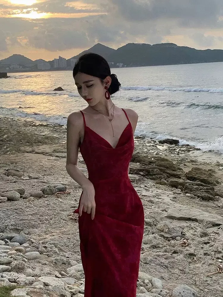 JazzHer Gorgeous Sheath Spaghetti Straps Burgundy Evening Dress Prom Dresses Birthday Outfits (PRE-ORDER)