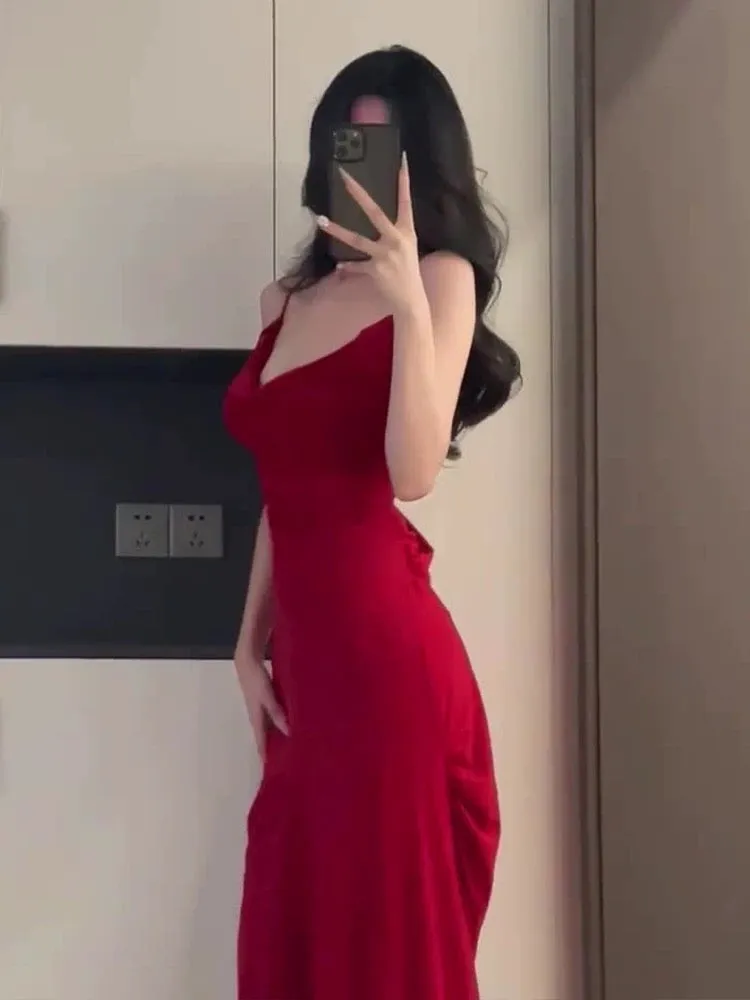 JazzHer Gorgeous Sheath Spaghetti Straps Red Long Evening Dress Prom Dresses Birthday Outfits (PRE-ORDER)