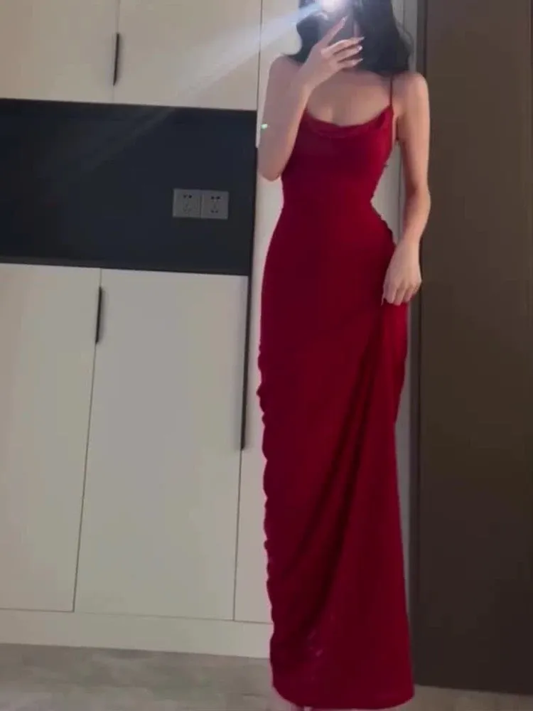 JazzHer Gorgeous Sheath Spaghetti Straps Red Long Evening Dress Prom Dresses Birthday Outfits (PRE-ORDER)