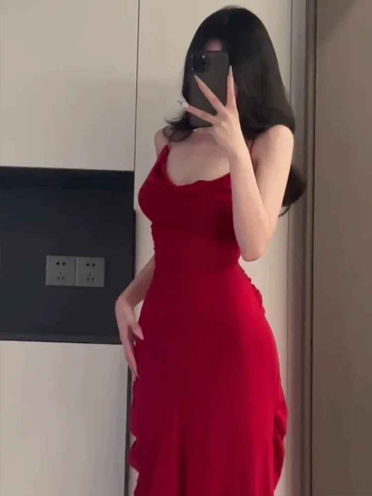 JazzHer Gorgeous Sheath Spaghetti Straps Red Long Evening Dress Prom Dresses Birthday Outfits (PRE-ORDER)
