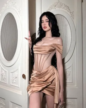 JazzHer Modest Sheath Off the Shoulder Champagne Short Homecoming Dresses Satin Birthday Outfits (PRE-ORDER)