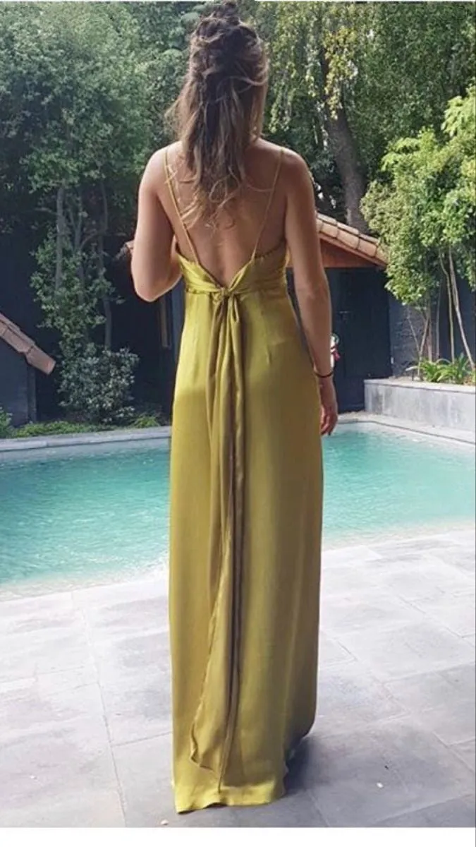 JazzHer Modest Sheath Spaghetti Straps Gold Long Prom Dresses Evening Dress (PRE-ORDER)