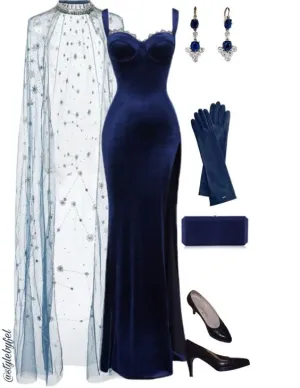 JazzHer Modest Sheath Straps Navy Blue Velvet Slit Prom Dresses Long Evening Dress (PRE-ORDER)