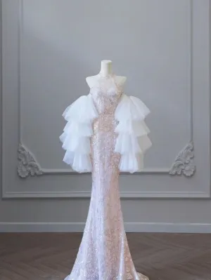 JazzHer Pretty Sheath High Neckline Pink Sequin Long Tulle Ruffles Layers Evening Dress Prom Dresses (PRE-ORDER)