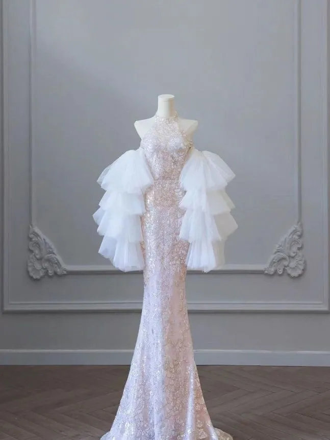 JazzHer Pretty Sheath High Neckline Pink Sequin Long Tulle Ruffles Layers Evening Dress Prom Dresses (PRE-ORDER)