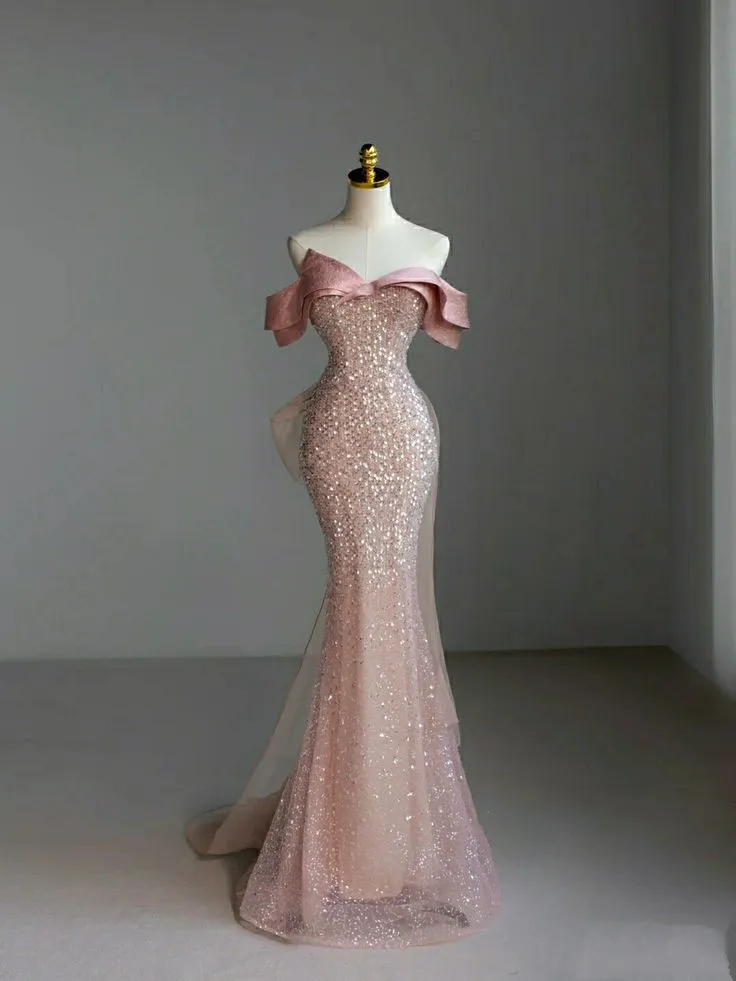 JazzHer Pretty Sheath Off The Shoulder Pink Sequin Long Evening Dress Prom Dresses With Bow (PRE-ORDER)