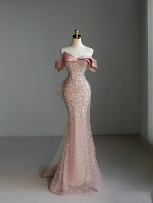 JazzHer Pretty Sheath Off The Shoulder Pink Sequin Long Evening Dress Prom Dresses With Bow (PRE-ORDER)