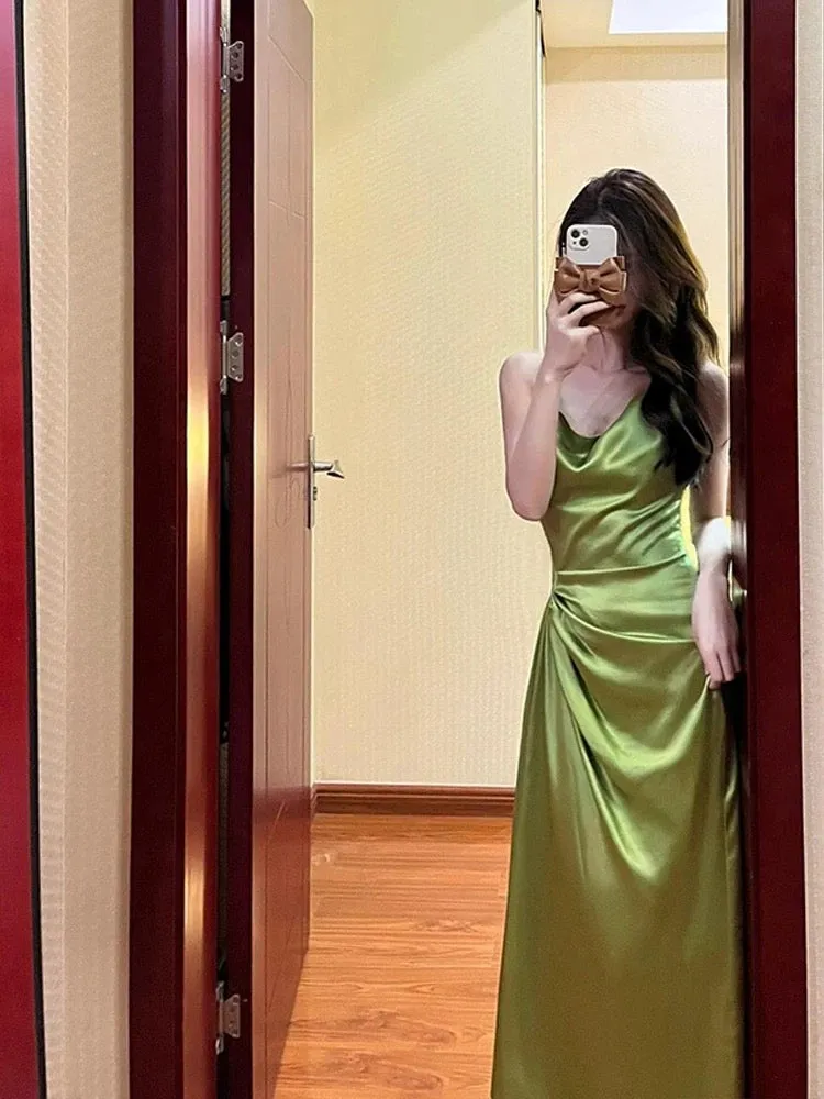 JazzHer Pretty Sheath Spaghetti Straps Green Satin Long Evening Dress Prom Dresses With Ruffles (PRE-ORDER)