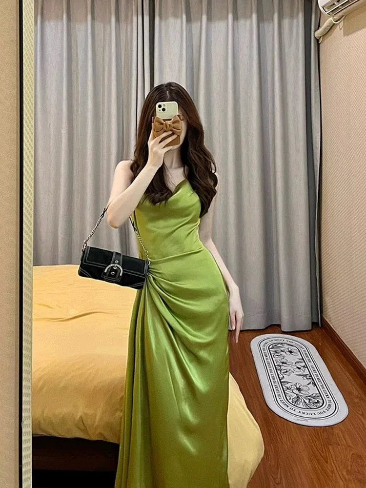 JazzHer Pretty Sheath Spaghetti Straps Green Satin Long Evening Dress Prom Dresses With Ruffles (PRE-ORDER)