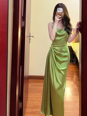 JazzHer Pretty Sheath Spaghetti Straps Green Satin Long Evening Dress Prom Dresses With Ruffles (PRE-ORDER)