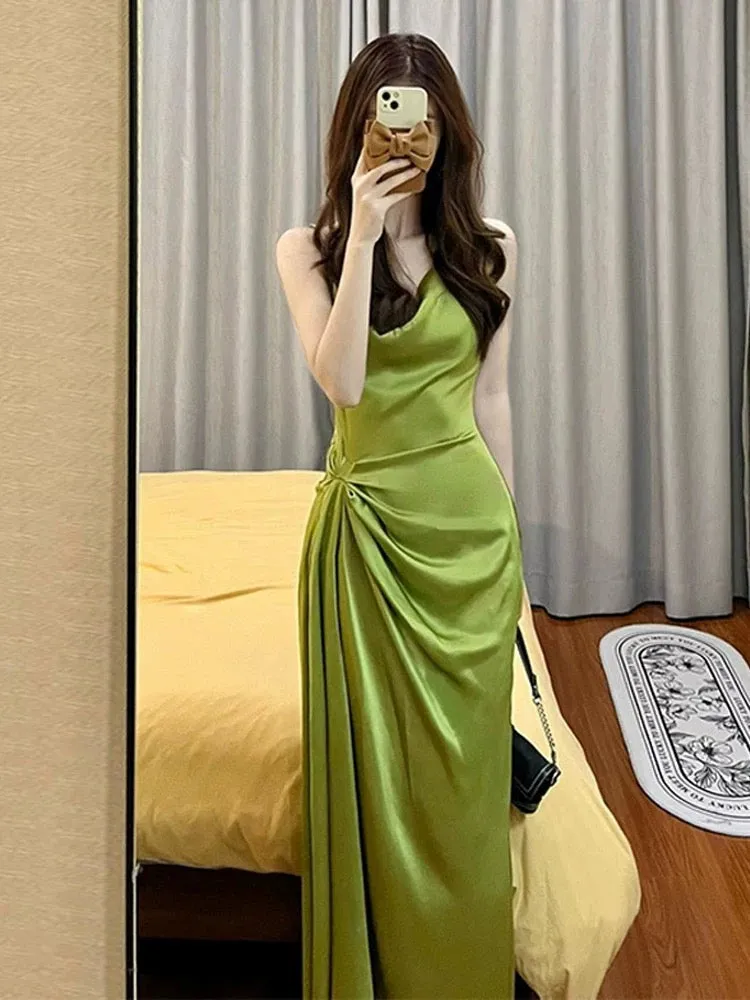 JazzHer Pretty Sheath Spaghetti Straps Green Satin Long Evening Dress Prom Dresses With Ruffles (PRE-ORDER)