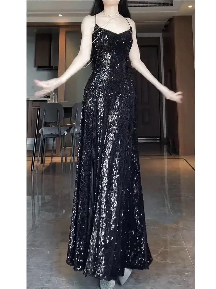 JazzHer Pretty Sheath Spaghetti Straps Sequin Black Slit Long Prom Dresses Party Evening Dress (PRE-ORDER)