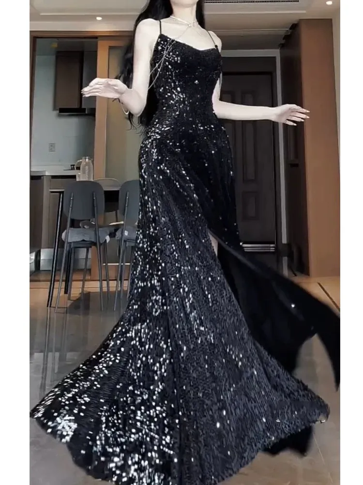 JazzHer Pretty Sheath Spaghetti Straps Sequin Black Slit Long Prom Dresses Party Evening Dress (PRE-ORDER)