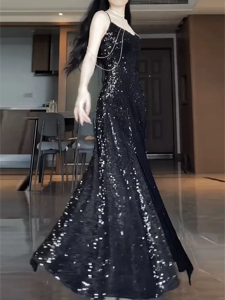 JazzHer Pretty Sheath Spaghetti Straps Sequin Black Slit Long Prom Dresses Party Evening Dress (PRE-ORDER)