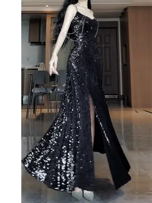 JazzHer Pretty Sheath Spaghetti Straps Sequin Black Slit Long Prom Dresses Party Evening Dress (PRE-ORDER)