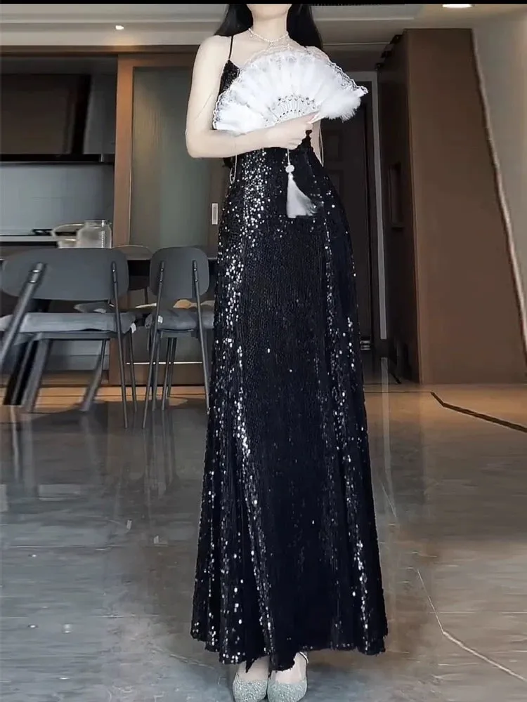 JazzHer Pretty Sheath Spaghetti Straps Sequin Black Slit Long Prom Dresses Party Evening Dress (PRE-ORDER)