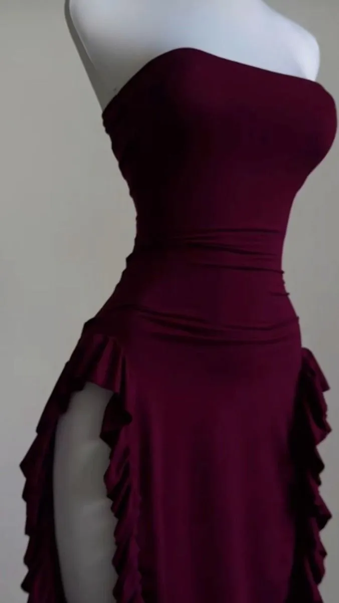 JazzHer Sexy Sheath Strapless Burgundy Slit Prom Dresses Homecoming Dress (PRE-ORDER)