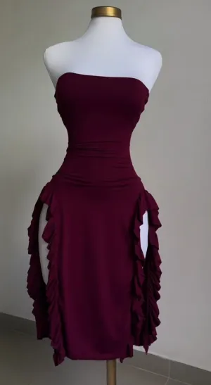 JazzHer Sexy Sheath Strapless Burgundy Slit Prom Dresses Homecoming Dress (PRE-ORDER)