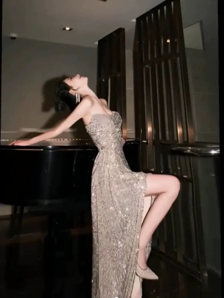 JazzHer Sexy Sheath Strapless Champagne Sequin Evening Dress Prom Dresses Birthday Outfits (PRE-ORDER)