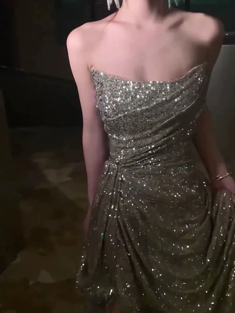 JazzHer Sexy Sheath Strapless Champagne Sequin Evening Dress Prom Dresses Birthday Outfits (PRE-ORDER)