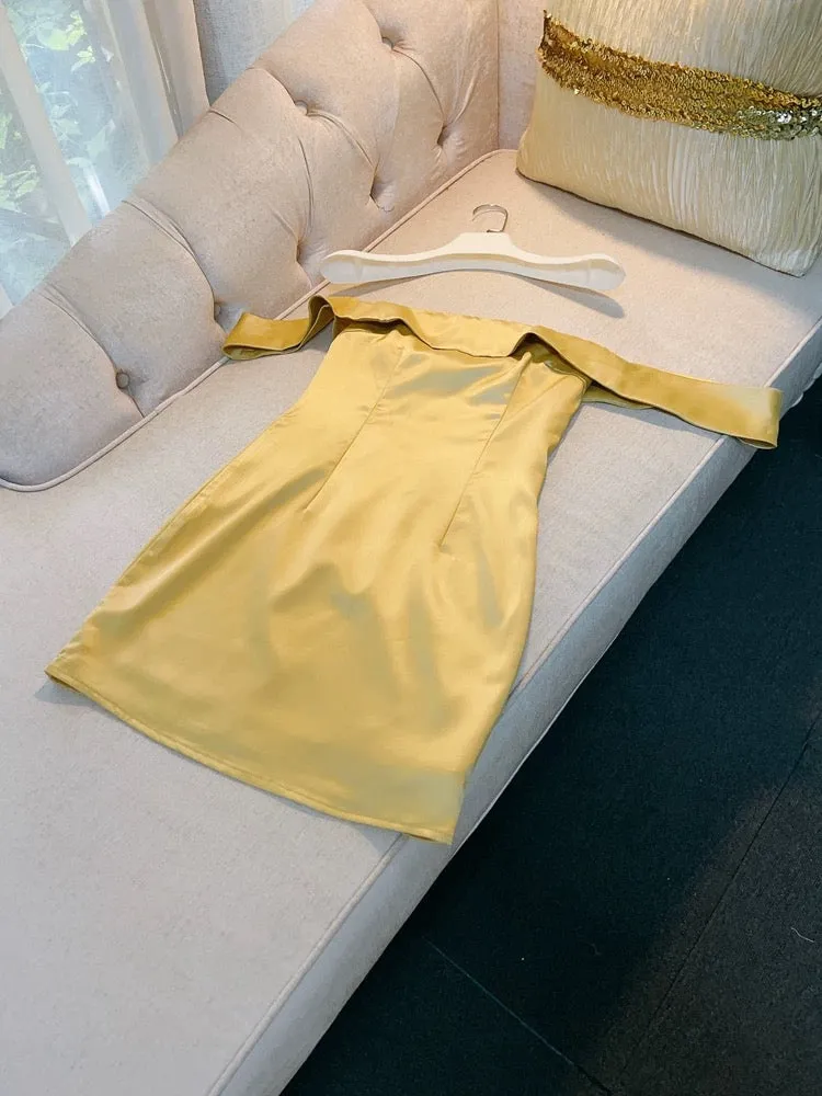 JazzHer Simple Sheath Off The Shoulder Yellow Short SatinHomecoming Dresses Birthday Outfit (PRE-ORDER)