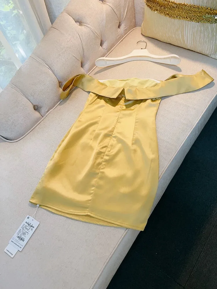 JazzHer Simple Sheath Off The Shoulder Yellow Short SatinHomecoming Dresses Birthday Outfit (PRE-ORDER)