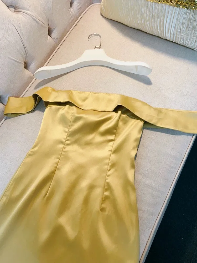 JazzHer Simple Sheath Off The Shoulder Yellow Short SatinHomecoming Dresses Birthday Outfit (PRE-ORDER)