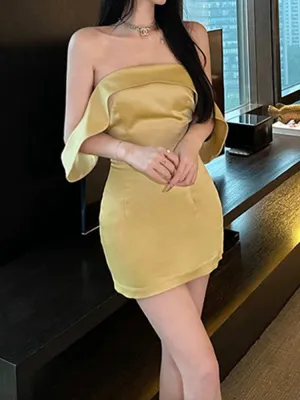 JazzHer Simple Sheath Off The Shoulder Yellow Short SatinHomecoming Dresses Birthday Outfit (PRE-ORDER)