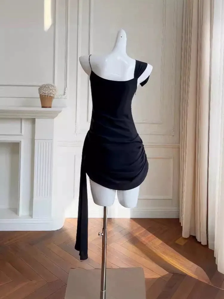 JazzHer Simple Sheath Spaghetti Straps Chiffon Short Black Homecoming Dresses Birthday Outfit (PRE-ORDER)