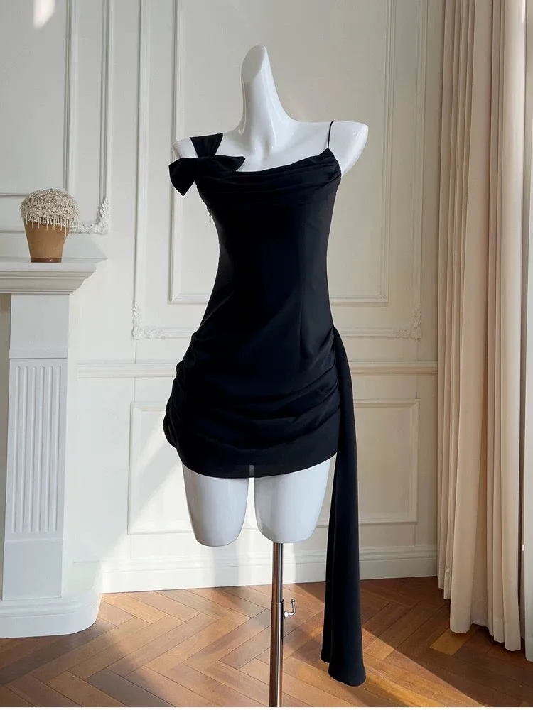 JazzHer Simple Sheath Spaghetti Straps Chiffon Short Black Homecoming Dresses Birthday Outfit (PRE-ORDER)