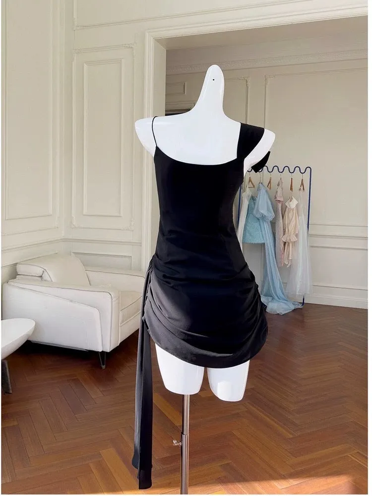 JazzHer Simple Sheath Spaghetti Straps Chiffon Short Black Homecoming Dresses Birthday Outfit (PRE-ORDER)