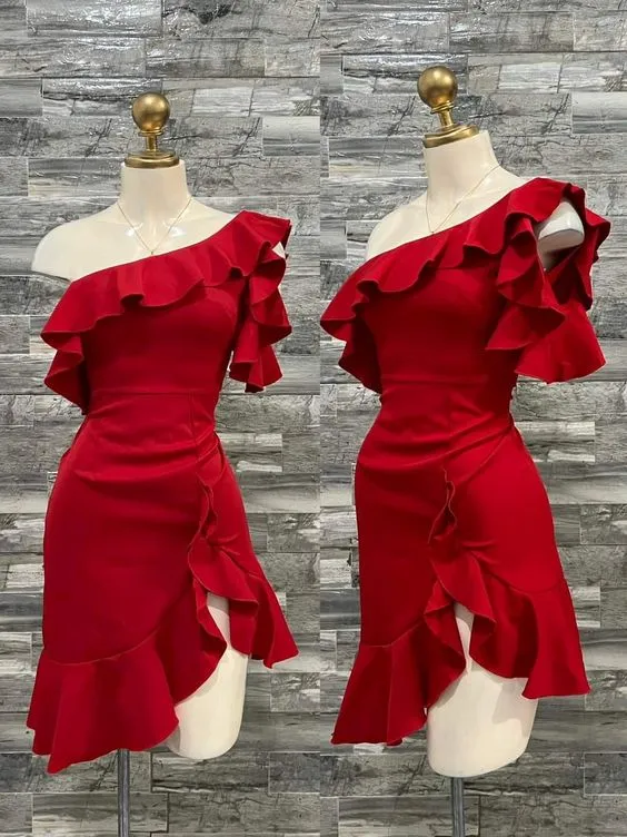 JazzHer th Birthday Sheath One Shoulder Red Homecoming Dresses Short Mini Birthday Dress (PRE-ORDER)