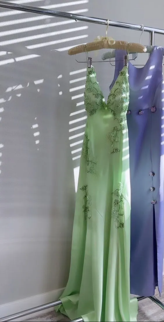 JazzHer Vintage Sheath Spaghetti Straps Mint Green Lace Floor Length Prom Dresses Backless Evening Dress (PRE-ORDER)