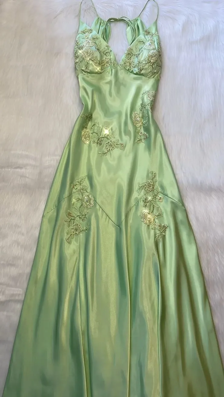 JazzHer Vintage Sheath Spaghetti Straps Mint Green Lace Floor Length Prom Dresses Backless Evening Dress (PRE-ORDER)