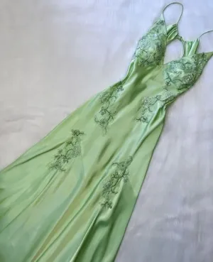 JazzHer Vintage Sheath Spaghetti Straps Mint Green Lace Floor Length Prom Dresses Backless Evening Dress (PRE-ORDER)