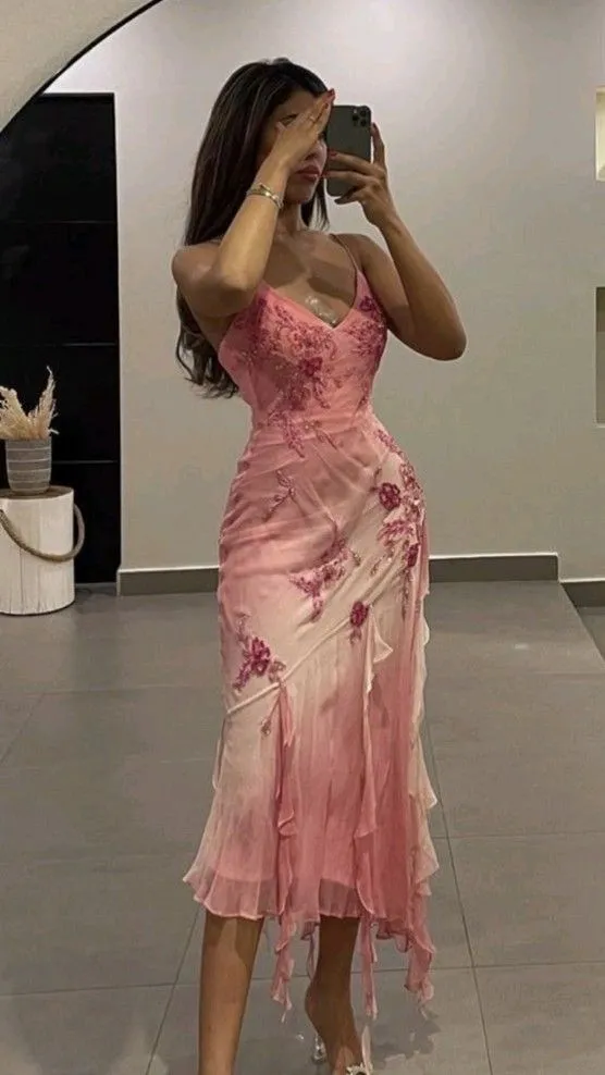 JazzHer Vintage Sheath Spaghetti Straps Pink Chiffon Knee Length Prom Dresses Evening Dress (PRE-ORDER)